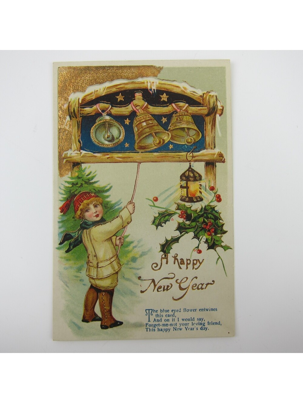 Postcard New Years Blonde Boy Rings Bell Holly Night Stars Gold Embossed Antique